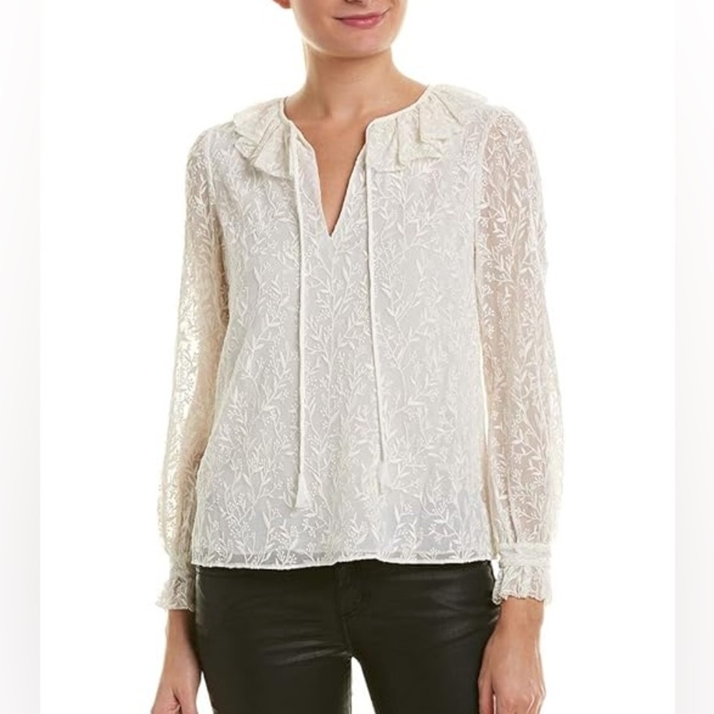 Rebecca Taylor Ivory White Textured Vines Silk Long Sleeve Blouse size 2